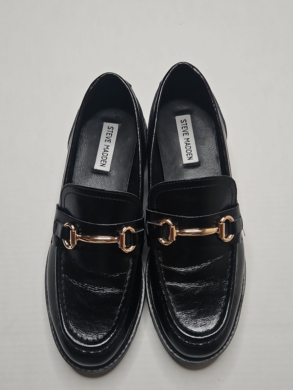 Steve Madden Black Leather Loafers with Gold Horsebit